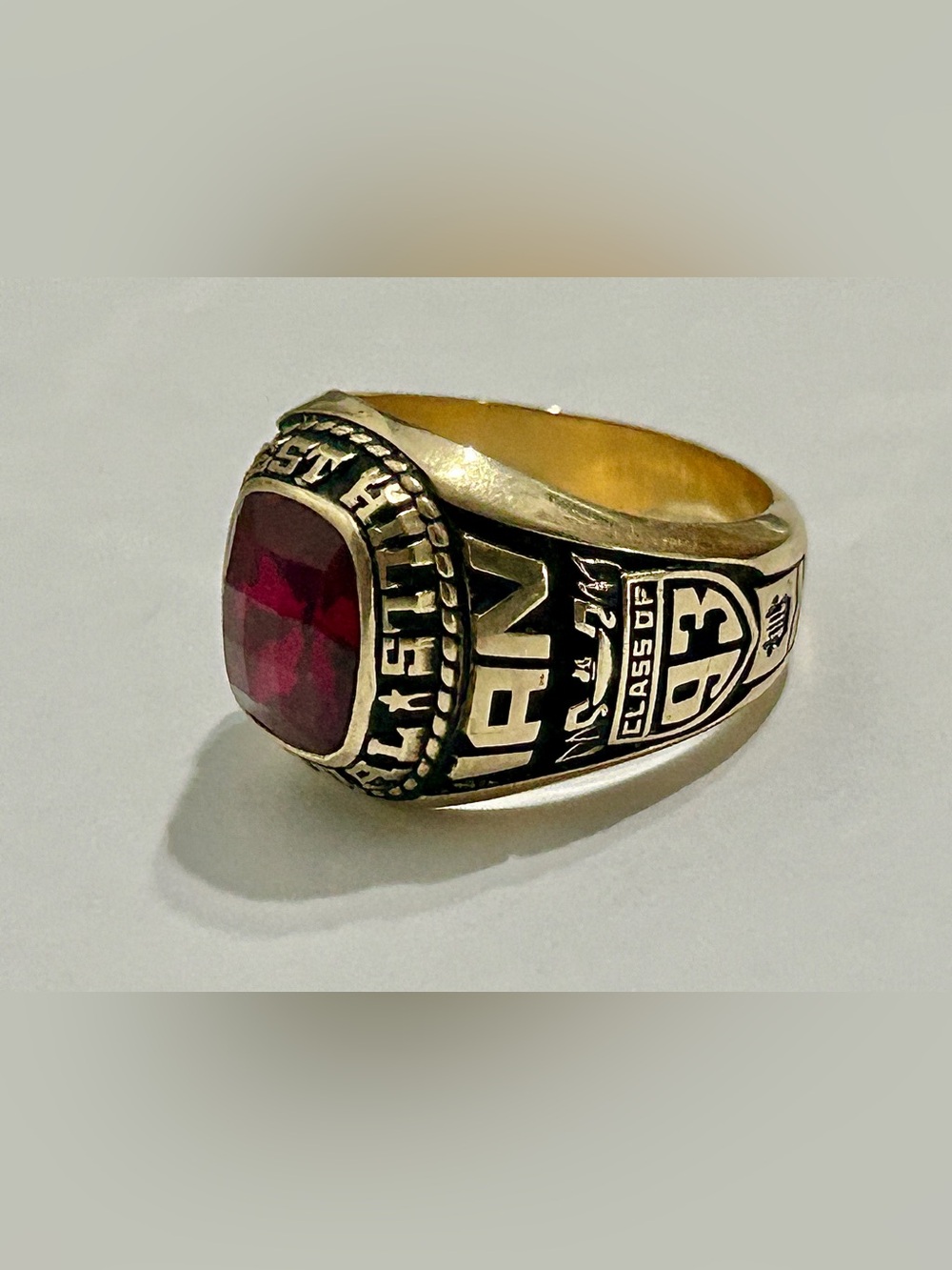 c. 1990 Vintage Ruby Birthstone 10 Karat Gold Custom High School Class Ring
